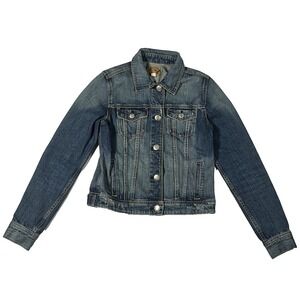 American Eagle Button Down Women's Collared Blue Denim Jean Jacket Cropped Small